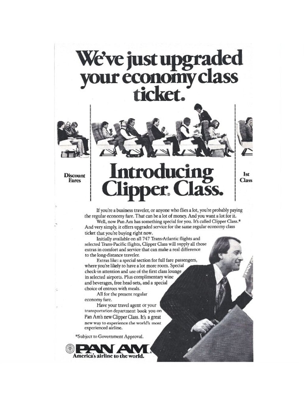 Print Ad Pan Am Airlines Clipper Class Enhanced Economy Travel Comfort Vintage